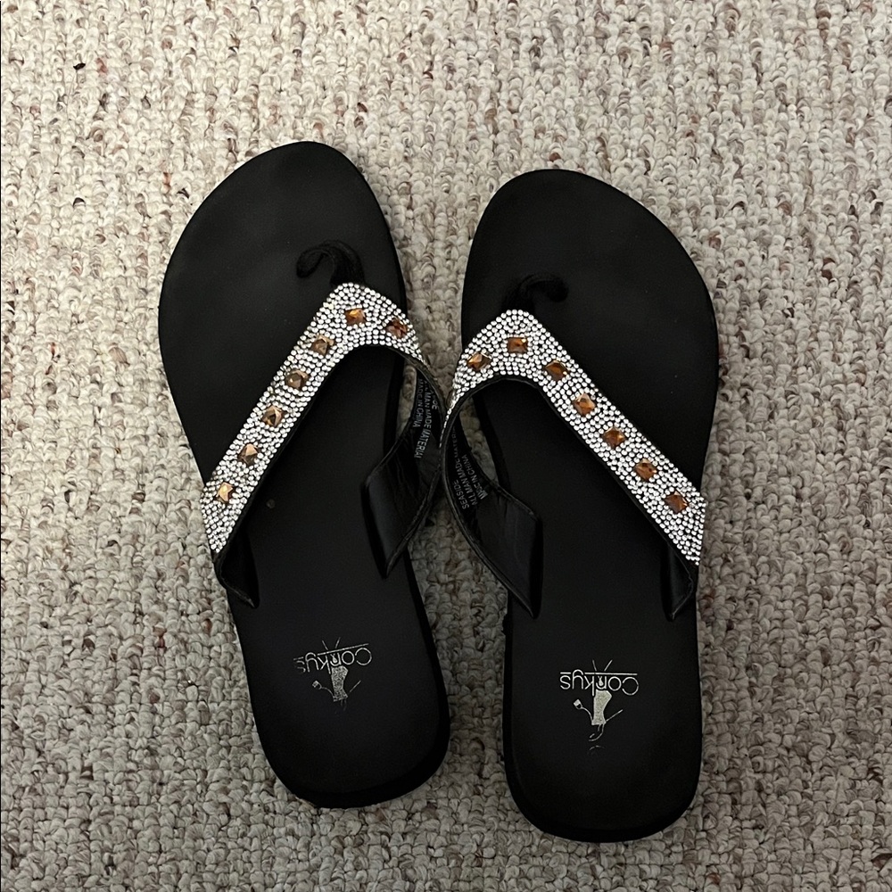 Corkeys Black Rhinestone Thong Sandals with Amber Accents size 10